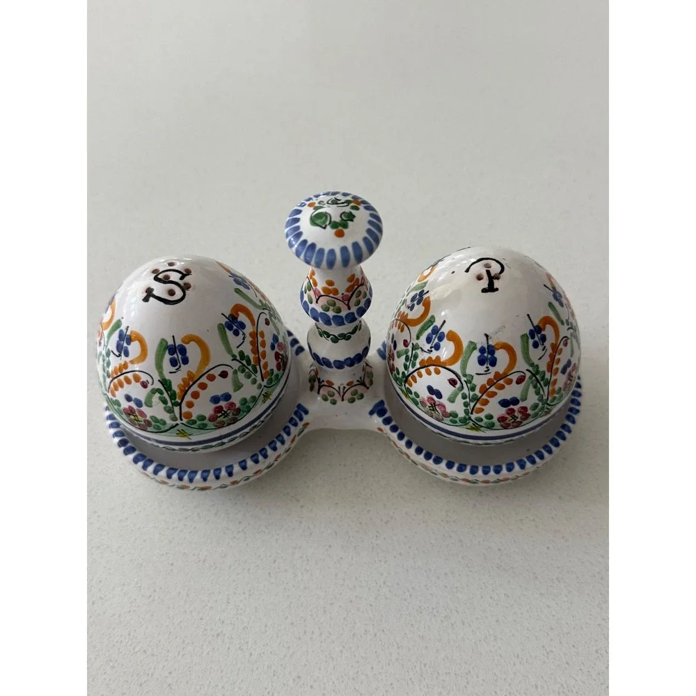 Vtg Sevilla Cruz Hand Painted Ceramic Salt and Pepper Shakers with Caddy Spain